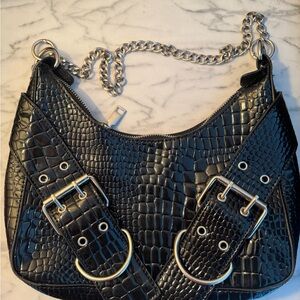 Black Croc-Embossed Shoulder Bag